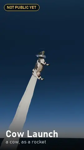 Cow Launch: a cow riding a rocket plume into the sky