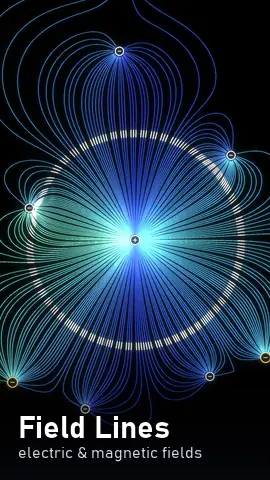 Field Lines: glowing blue electric field lines around moving charges