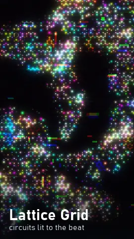 Lattice Grid: a honeycomb of coloured circuit symbols flickering to a beat
