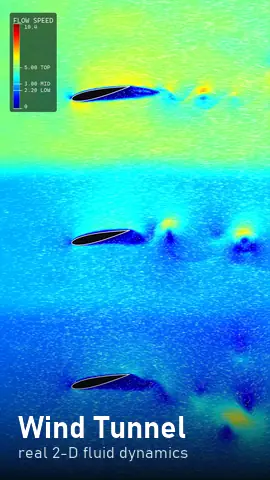 Wind Tunnel: three airfoils shedding vortices, coloured by flow speed
